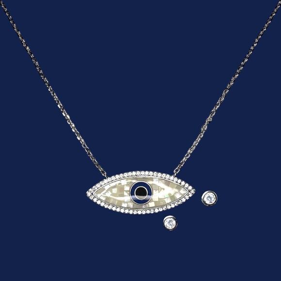 JK NY Evil Eye Shell Doublet Silvertone Necklace and Stud Earings - Picture 1 of 6